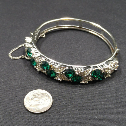 Lisner Emerald Green Rhinestone Hinged Bracelet, Rhodium Plated, 1960s Vintage Jewelry