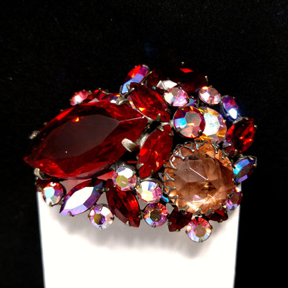 Regency Jewels Red Brooch, Aurora Borealis, 1950s Vintage Jewelry