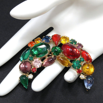 Weiss Crescent Moon Fruit Salad Brooch – Multicolor Cabochon Rhinestone 1950s