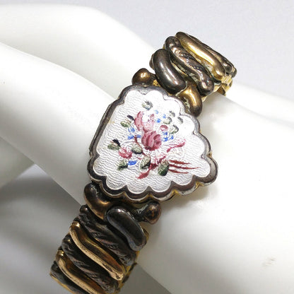 La Mode 1920s Guilloche Enamel Heart Locket Expansion Bracelet 12K GF Antique