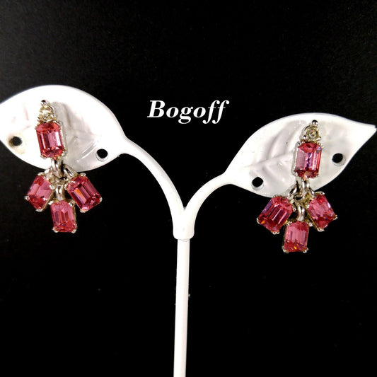 Bogoff Pink Rhinestone Screw Back Earrings, Rhodium Plated, 1950s Vintage Jewelry
