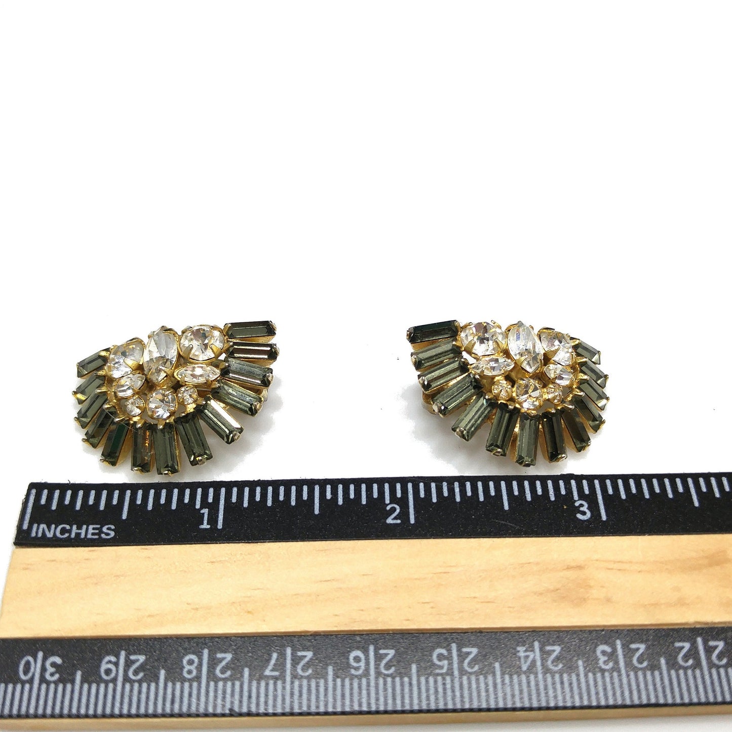 Hobe' Rhinestone Clip Earrings, Clear & Gray Rhinestones, Gold Plated, 1950s Vintage Jewelry