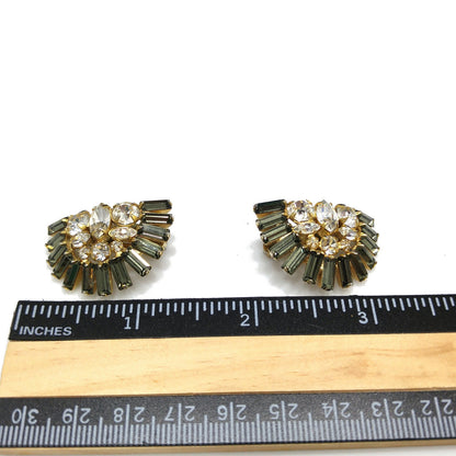 Hobe' Rhinestone Clip Earrings, Clear & Gray Rhinestones, Gold Plated, 1950s Vintage Jewelry