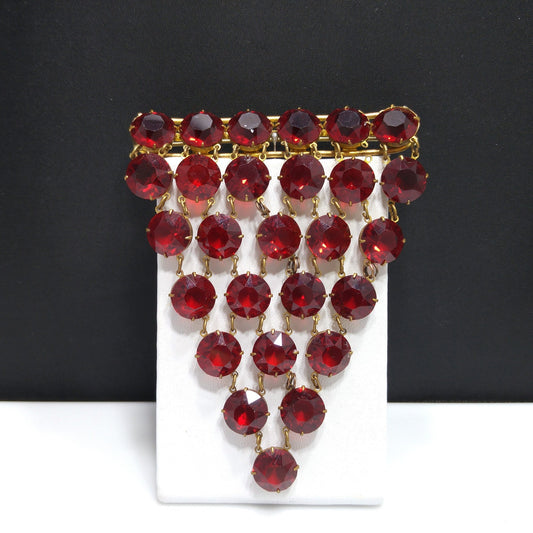 Garnet Red Crystal Rhinestone Hanging Brooch, Large Pointed Back Glass Stones, 1940s Vintage Jewelry