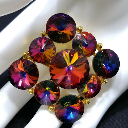 Vintage Unsigned Weiss Pink Rivoli Rhinestone Brooch, Red Blue Magenta Green Pin