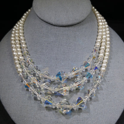 Faux Pearl AB Crystal Beaded Necklace, 3 Strands, 1950s Vintage Jewelry