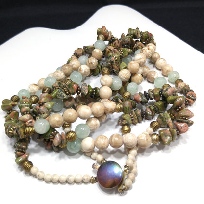 Gemstone Two Strand Beaded Necklace, Jade, Rhyolite and Quartz, 1980s Vintage Jewelry