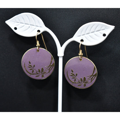 Vintage Laurel Burch Floral Gold Plated Earrings, Purple Enamel