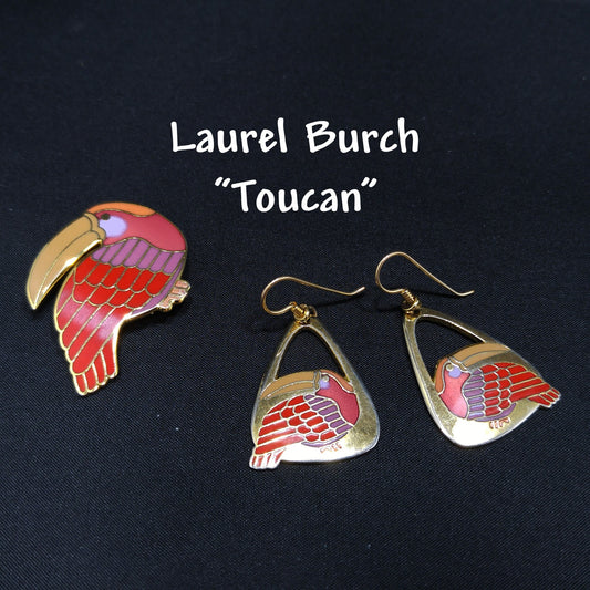 Vintage Laurel Burch Red Toucan Brooch Pendant & Earrings, Gold Plated, 1980s