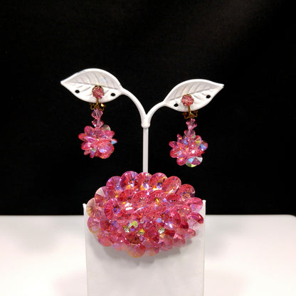 Pink Flat Crystal Brooch & Earrings, Aurora Borealis, 1960s Vintage Jewelry