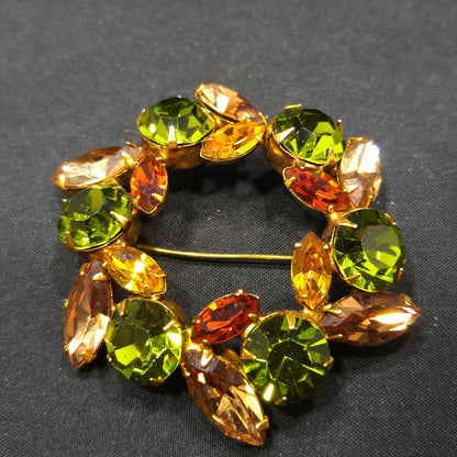 Vintage Regency Wreath Brooch, Green Topaz Citrine Crystal Rhinestones, 1950s Vintage Jewelry