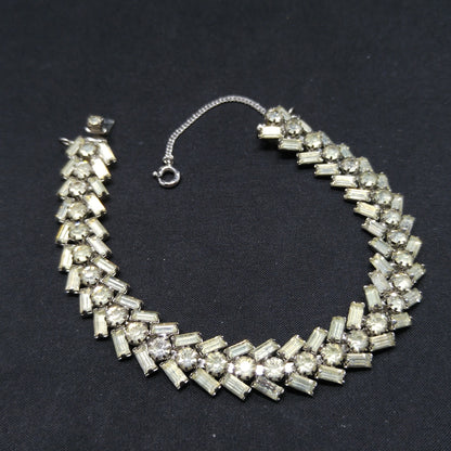 Weiss Clear Rhinestone Bracelet, Rhodium Plating, Safety Chain, 1940s Weiss
