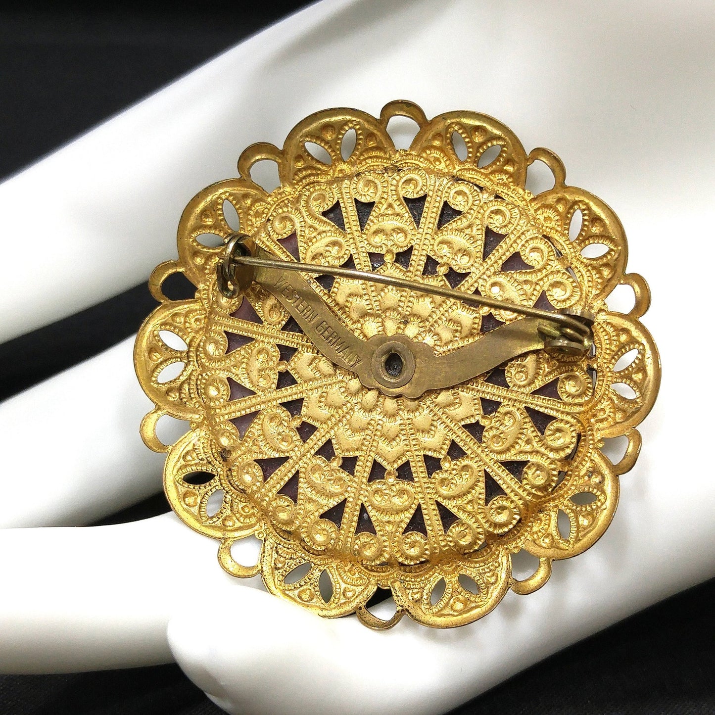 Western Germany Purple Art Glass Brooch, Filigree Frame, 1950s Vintage Jewelry
