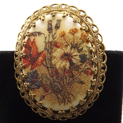 West Germany Sugar Glass Floral Brooch, Filigree Back, 1960s Vintage Jewelry