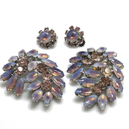 Twin Faux Opal Rhinestone Brooches & Earrings, Rhodium Plated, 1960s Vintage Jewelry