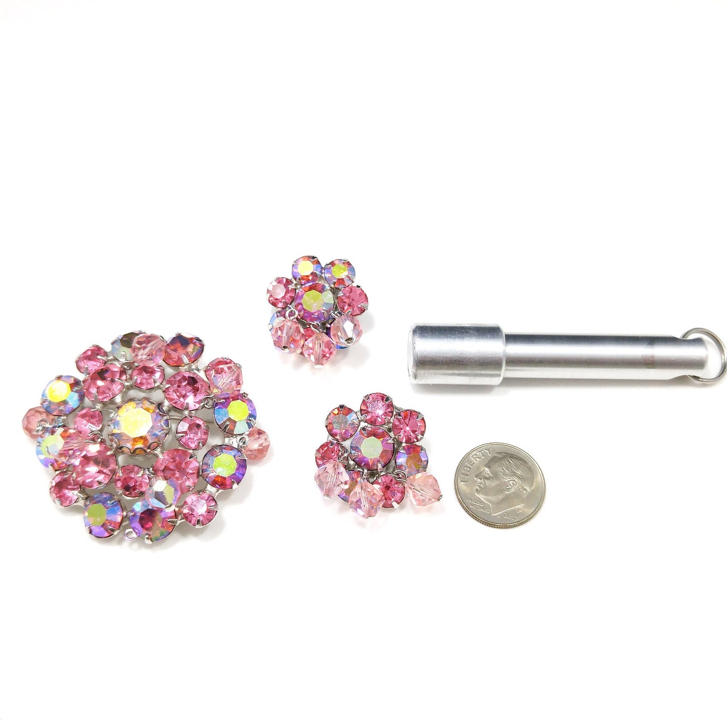 Weiss 1960s Pink Aurora Borealis Brooch & Clip Earrings Set | Dangling Crystal Beads | Vintage Mid-Century Jewelry