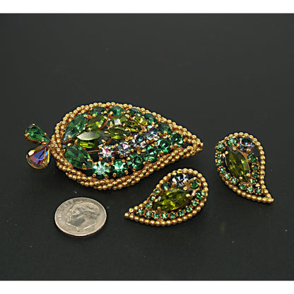 Weiss 1950s Emerald & Vitrail Rhinestone Leaf Brooch & Earrings Set – Gold Beaded Design
