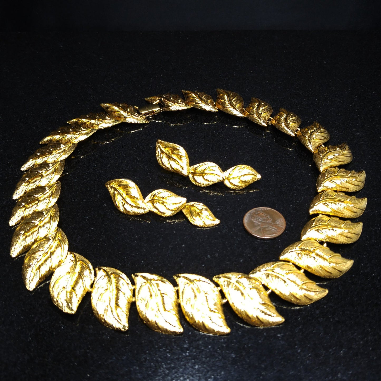 Napier Leaf Necklace and Drop Earrings, Post Earrings, Gold Plated, 1980s