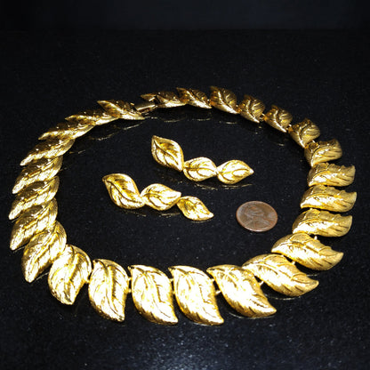 Napier Leaf Necklace and Drop Earrings, Post Earrings, Gold Plated, 1980s