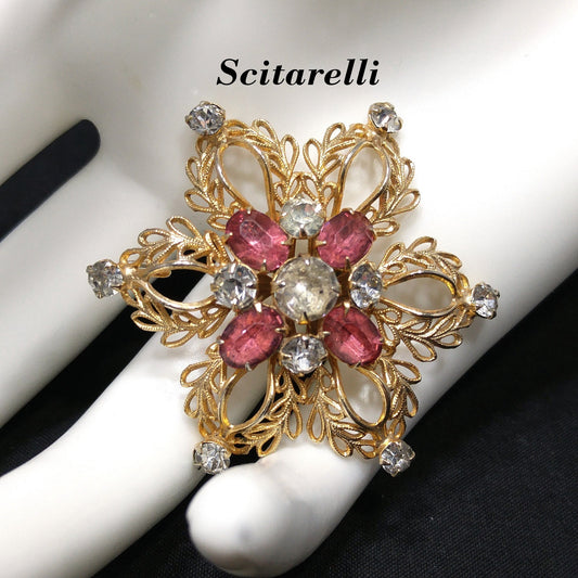 Scitarelli Mid-century Pink Clear Rhinestone Floral Brooch Pendant, 1950s Vintage Jewelry