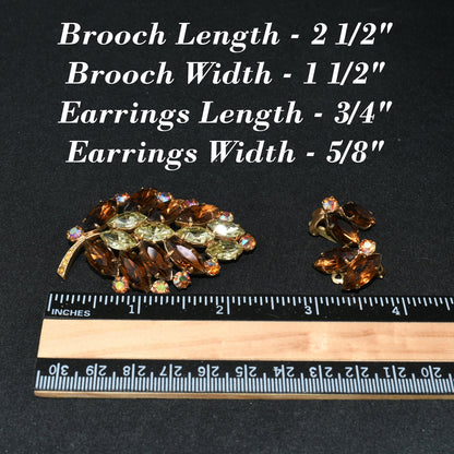 Mid-Century Topaz Jonquil Rhinestone Leaf Brooch Earrings Set, 1960s Vintage Jewelry