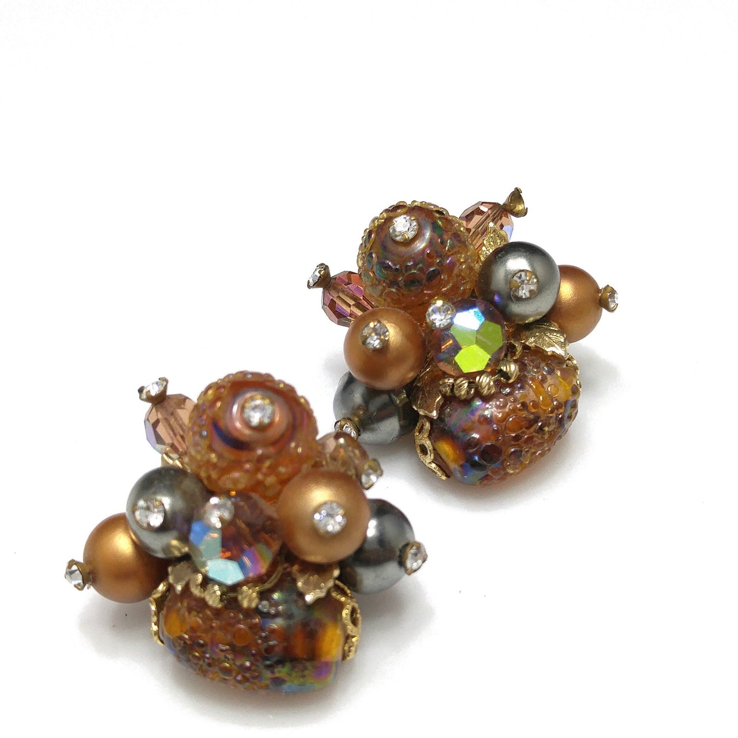 Vendome Topaz Beaded Earrings, Art Glass, Aurora Borealis, 1960s Vintage Jewelry