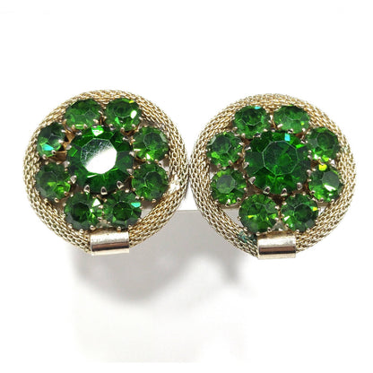Weiss Green Rhinestone Gold Mesh Earrings, Emerald Green, Gold Plated, 1950s Vintage Jewelry