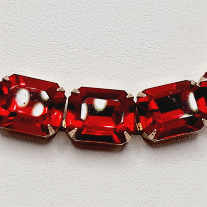 WEISS Vintage Red Rhinestone Choker Necklace – Gold Plated Holiday Statement Jewelry
