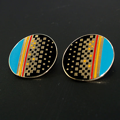 Laurel Burch "RAJI" Post Earrings, Round Enamel Cloisonne, Geometric Design
