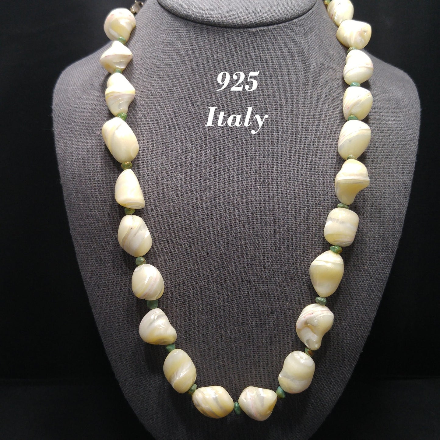 Beaded Shell Chrysoprase Necklace, Sterling Silver Italy, 1980s Vintage Jewelry