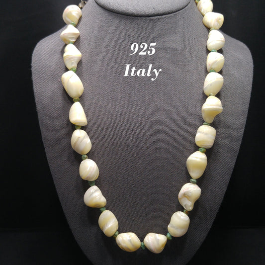 Beaded Shell Chrysoprase Necklace, Sterling Silver Italy, 1980s Vintage Jewelry