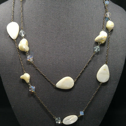 Liz Palacios S.F. White Shell & Crystal Long Necklace, 42 Inch Layering Necklace, Vintage Jewelry