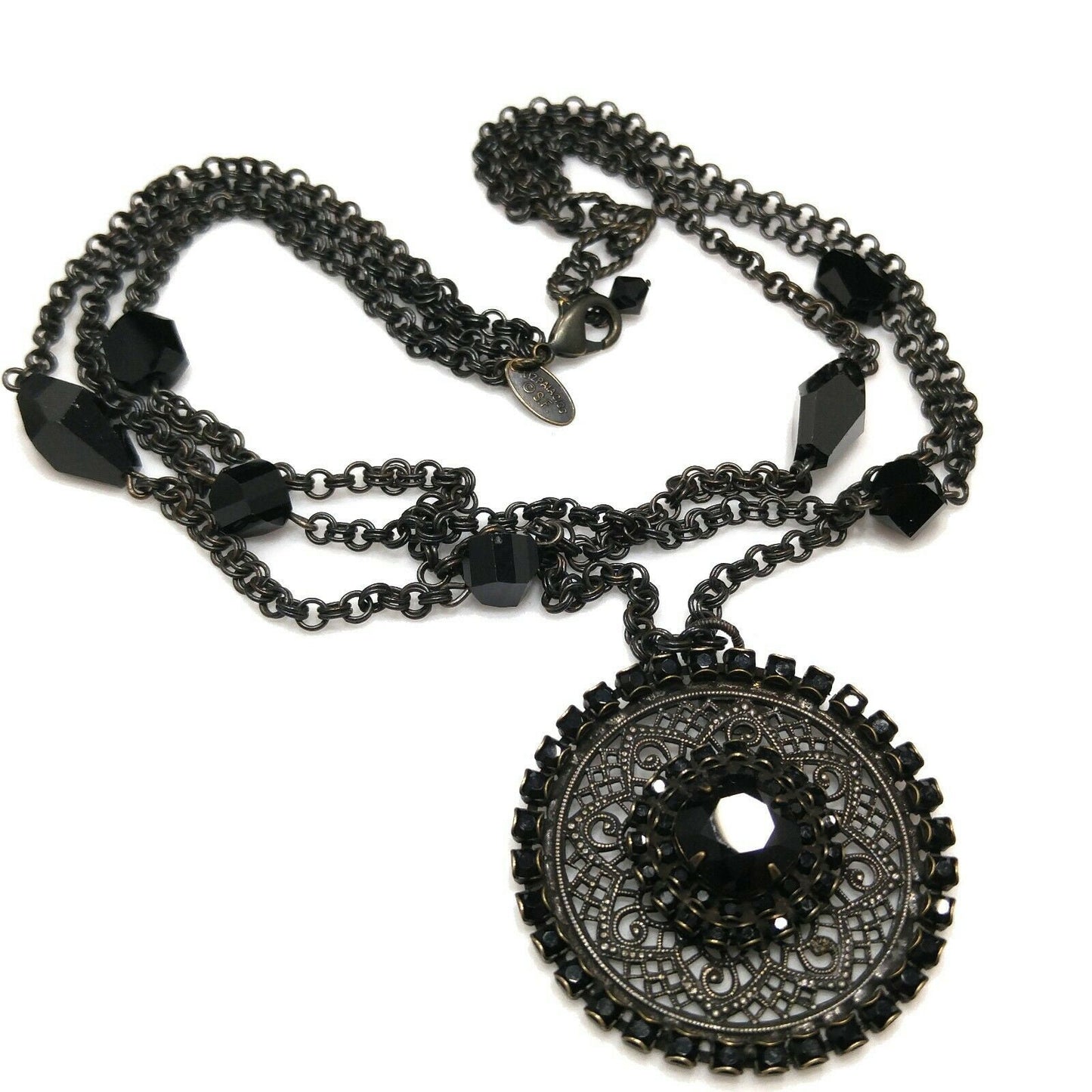 Liz Palacios Black Rhinestone Pendant Necklace, Multi-Strand, Vintage Jewelry