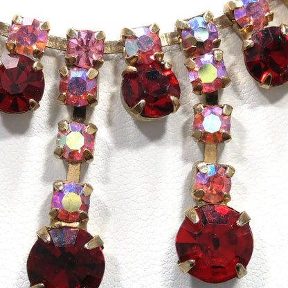Vintage 1950s Red & Pink AB Rhinestone Choker Necklace Gold Tone 14.5"