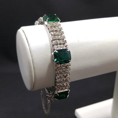 Kramer Green Rhinestone Hinged Bracelet, Safety Chain, 1960s Vintage Jewelry