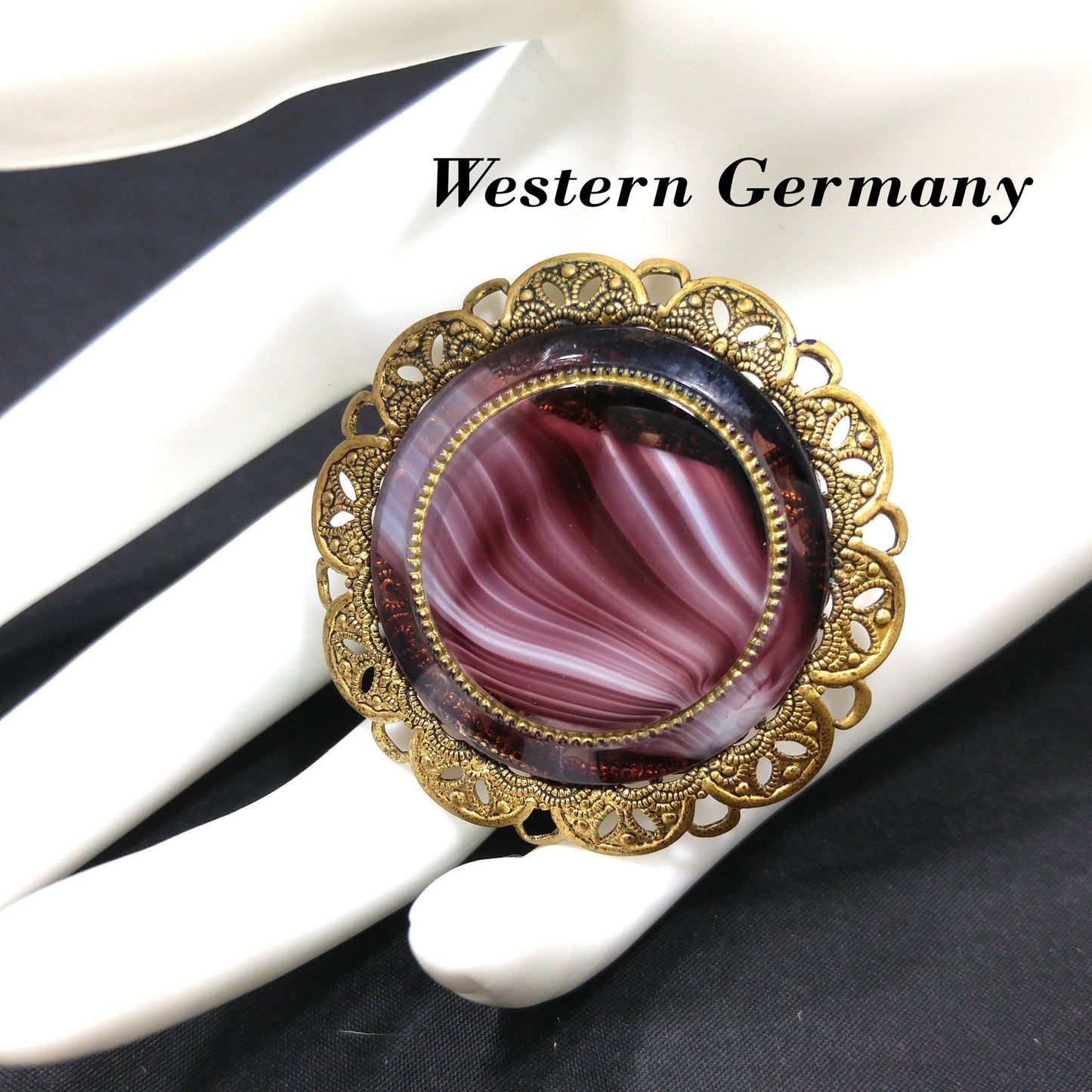 Western Germany Purple Art Glass Brooch, Filigree Frame, 1950s Vintage Jewelry