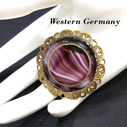 Western Germany Purple Art Glass Brooch, Filigree Frame, 1950s Vintage Jewelry