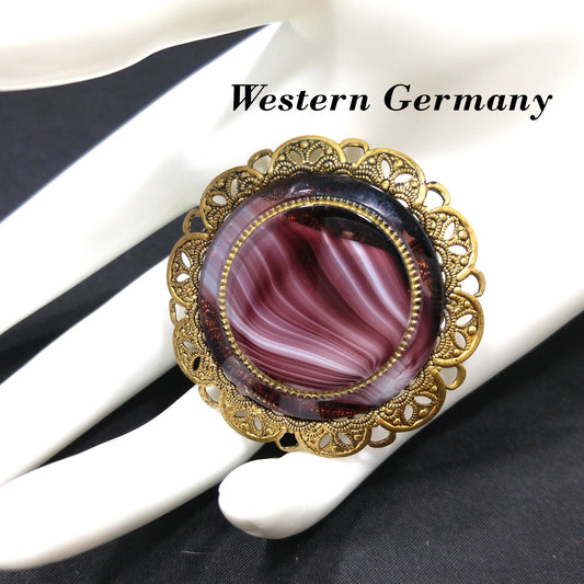 Western Germany Purple Art Glass Brooch, Filigree Frame, 1950s Vintage Jewelry