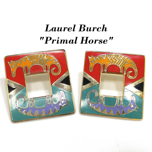 Laurel Burch "Primal Horse" Large Post Earrings, Gold Plated Cloisonné Enamel, 1980s Vintage Jewelry