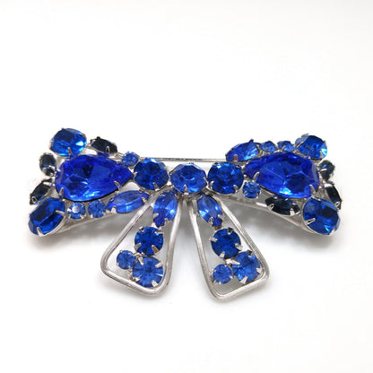Weiss Blue Rhinestone Bow Brooch, Rhodium Plated, 1960s Vintage Jewelry