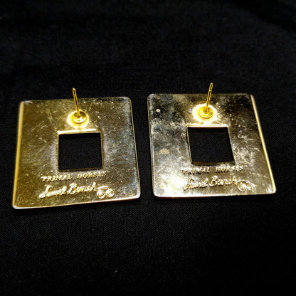 Laurel Burch "Primal Horse" Large Post Earrings, Gold Plated Cloisonné Enamel, 1980s Vintage Jewelry