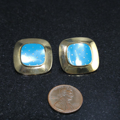 Vintage Laurel Burch "Mastriano" Clip Earrings, Teal Blue Enamel, Gold Plated
