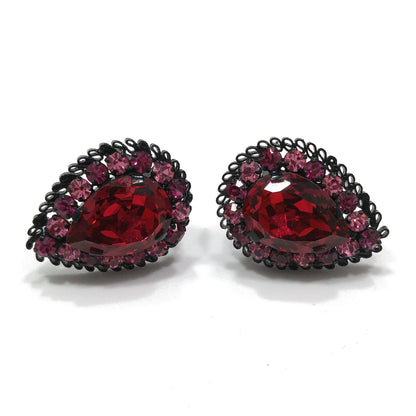 Made in Austria Red Pink Rhinestone Earrings, Japanned Black Metal, 1960s Vintage