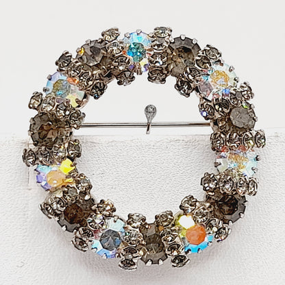 Vintage AB Rhinestone Circle Brooch Silver Tone Aurora Borealis Crystals – 1.5”