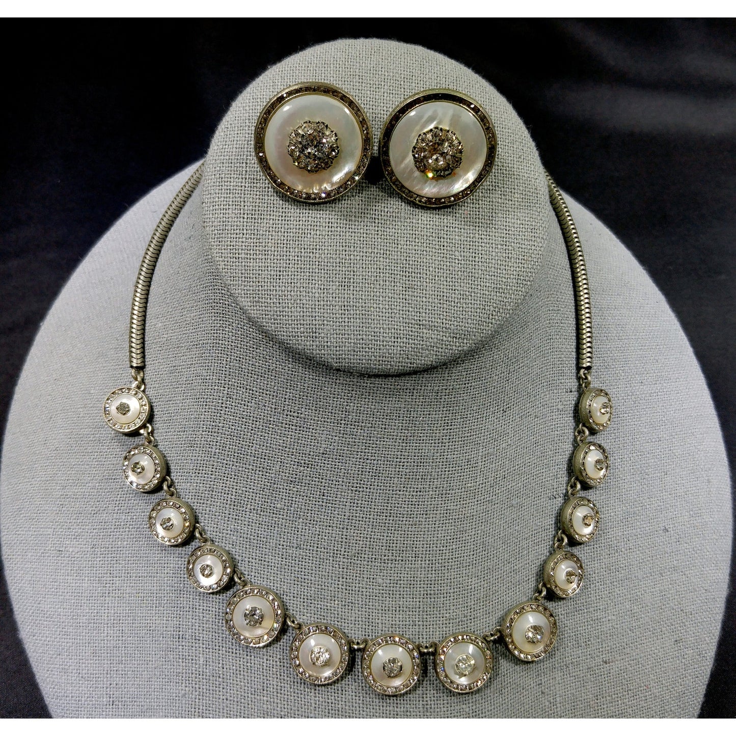 Mother of Pearl Rhinestone Jewelry, Necklace & Clip Earring Set, 1940s Vintage