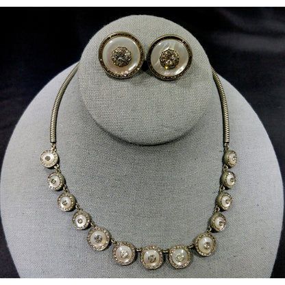 Mother of Pearl Rhinestone Jewelry, Necklace & Clip Earring Set, 1940s Vintage