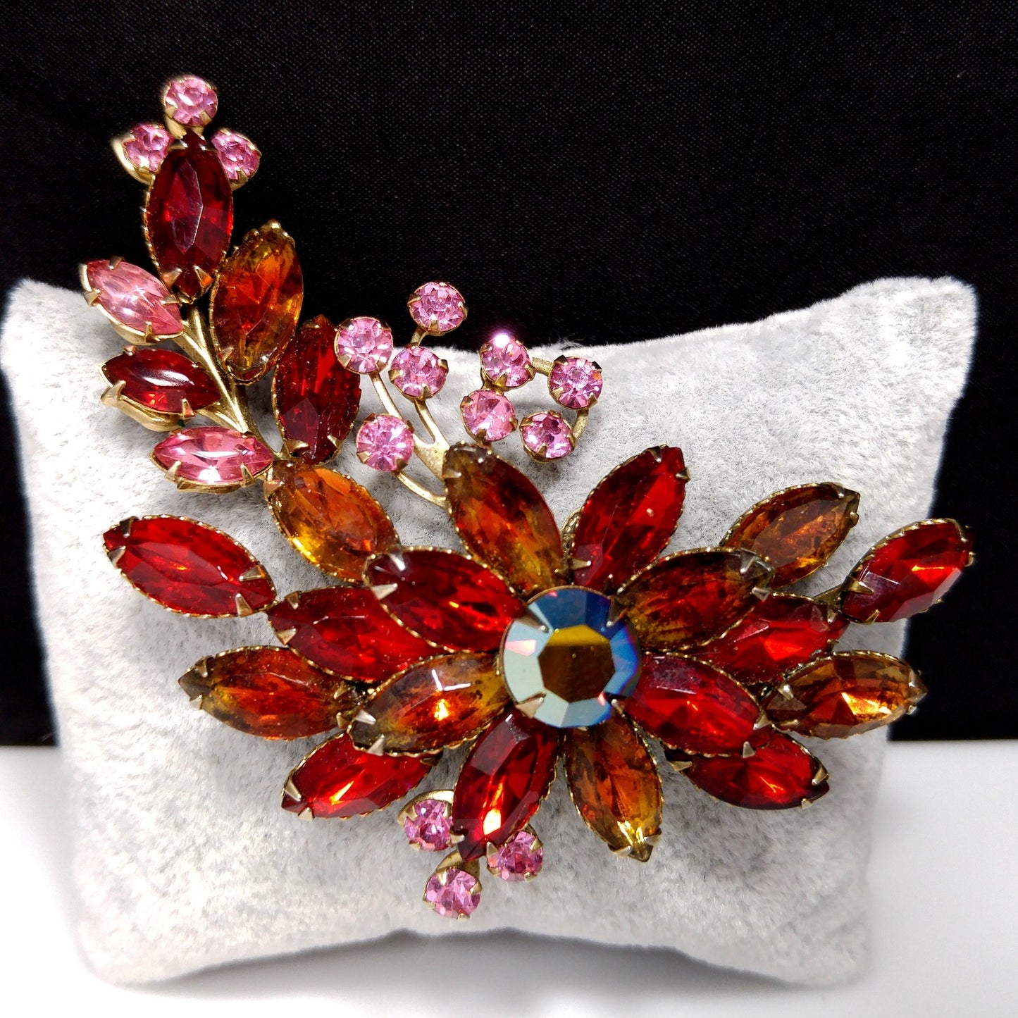 Red Rhinestone Floral Spray Brooch, Gold Plated, 1950s Vintage Jewelry