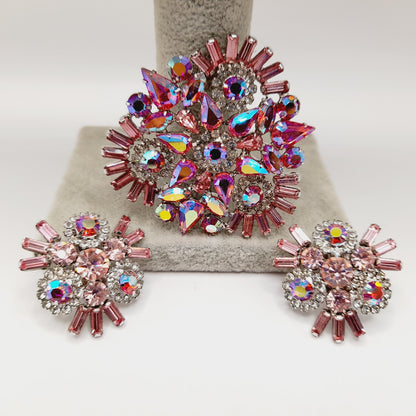 Dazzle in Vintage Glamour – Pink Rhinestone WEISS Brooch & Earrings Set
