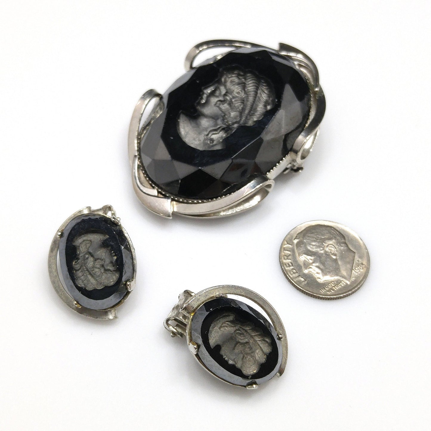 Black Glass Intaglio Cameo Brooch & Clip Earrings, 1960s Vintage Jewelry