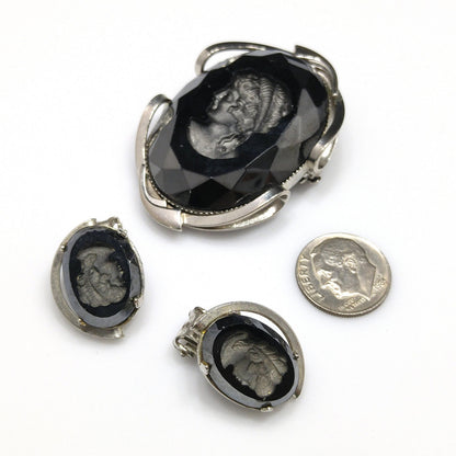 Black Glass Intaglio Cameo Brooch & Clip Earrings, 1960s Vintage Jewelry